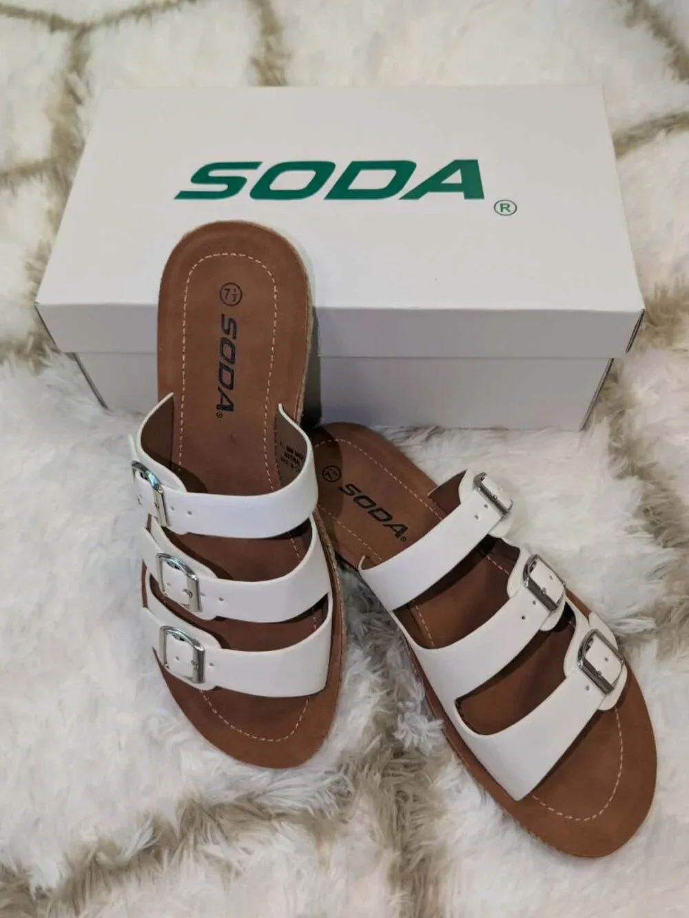 Two Pair Of Size 7 Soda White Triple Strap Sandals Buckle Slide Flat Sandals